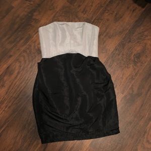 Designer gray and black strapless dress